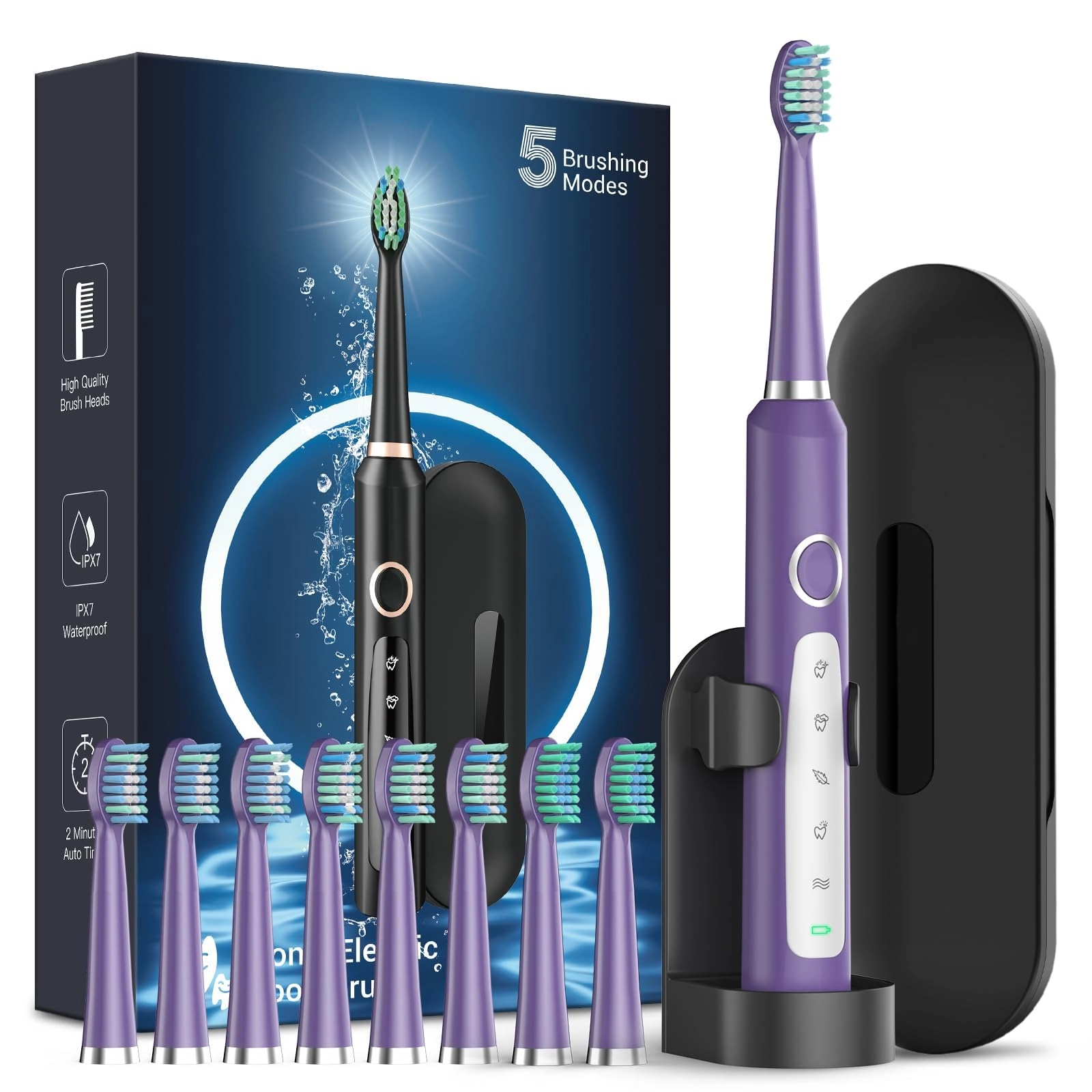 Rtauys Sonic Electric Toothbrush - 8 Heads Travel Case Light Blue