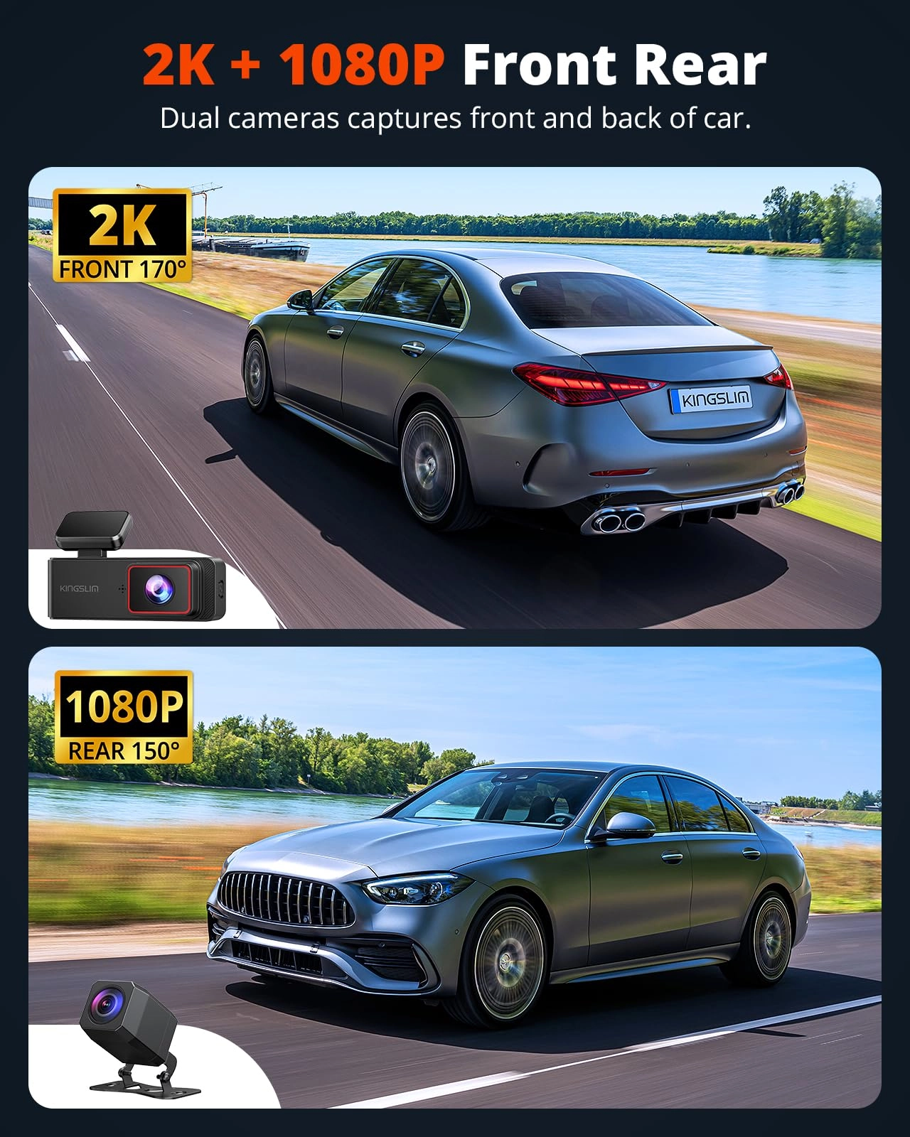 Wireless Dash Cam Front and Rear - 2K+1080P