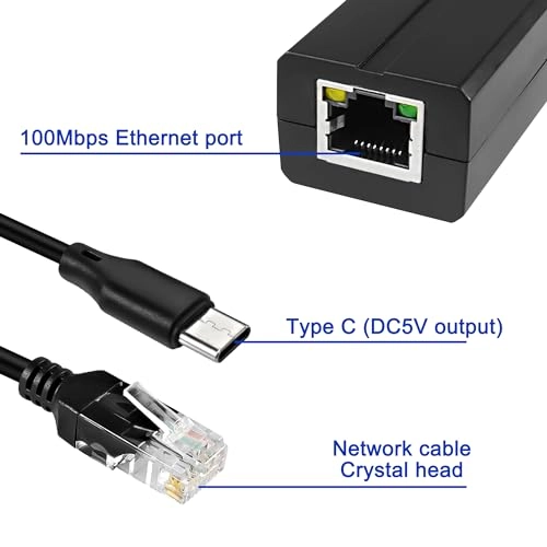 USB Type C PoE Splitter - 48-57V 5V 2.4A 12watts 1 RJ45 IEEE 802.3af 10/100Mbps