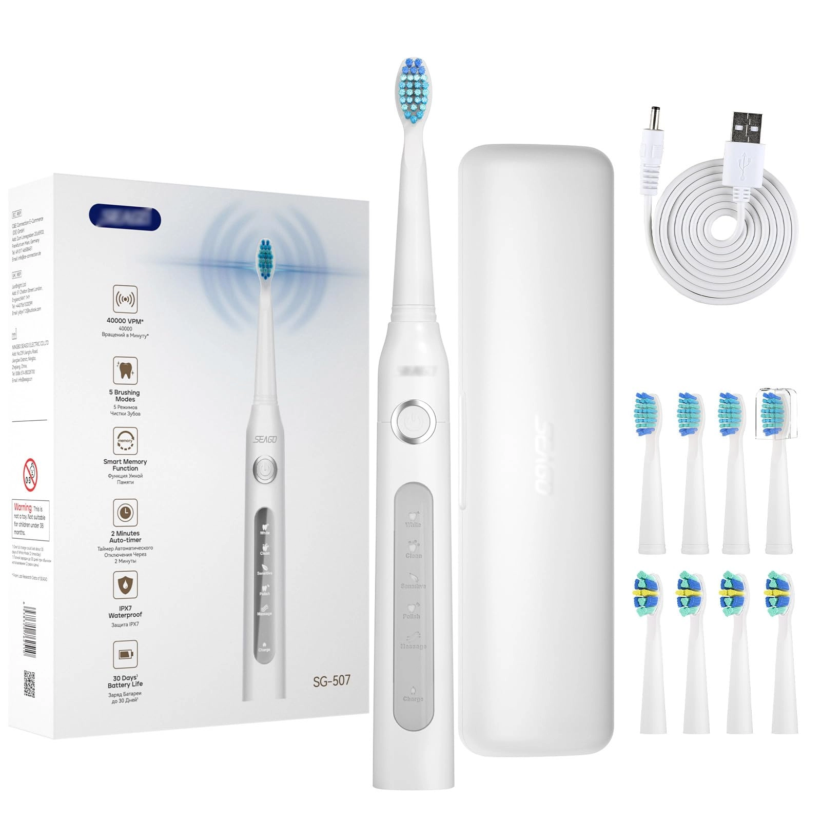 Electric Toothbrush - 3 Modes 2-Minute Timer 10 Brush Heads