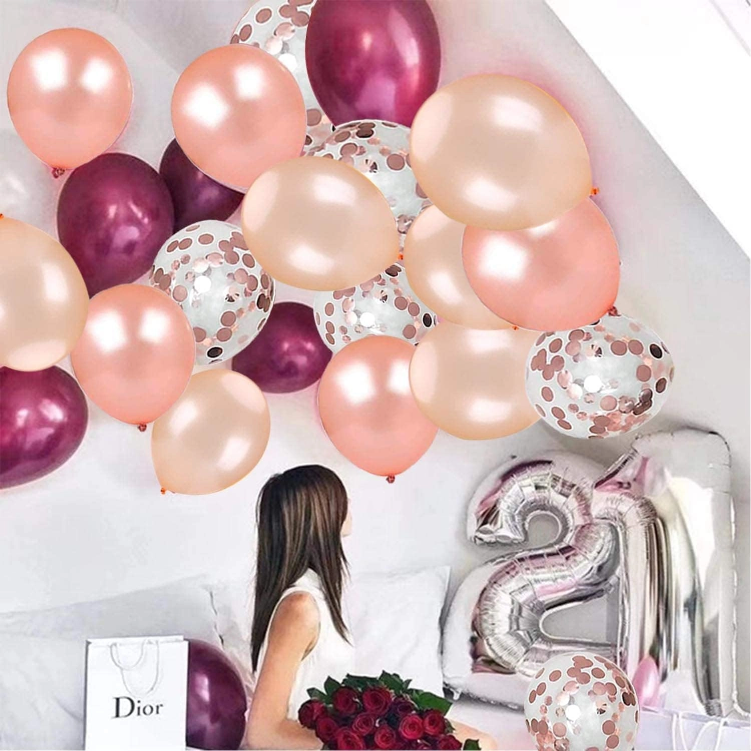 Rose Gold Burgundy Confetti Balloons - 62Pcs