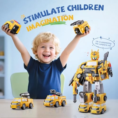 5 In 1 Magnetic Transform Construction Trucks - Yellow Easy DIY Assembly