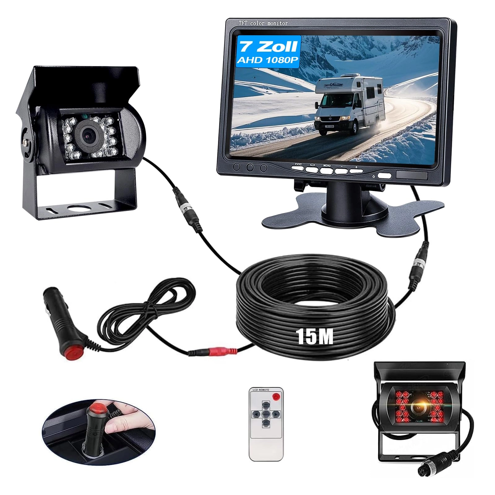 GreenYi rear view camera set - infrared night vision 15 m cable 1080P