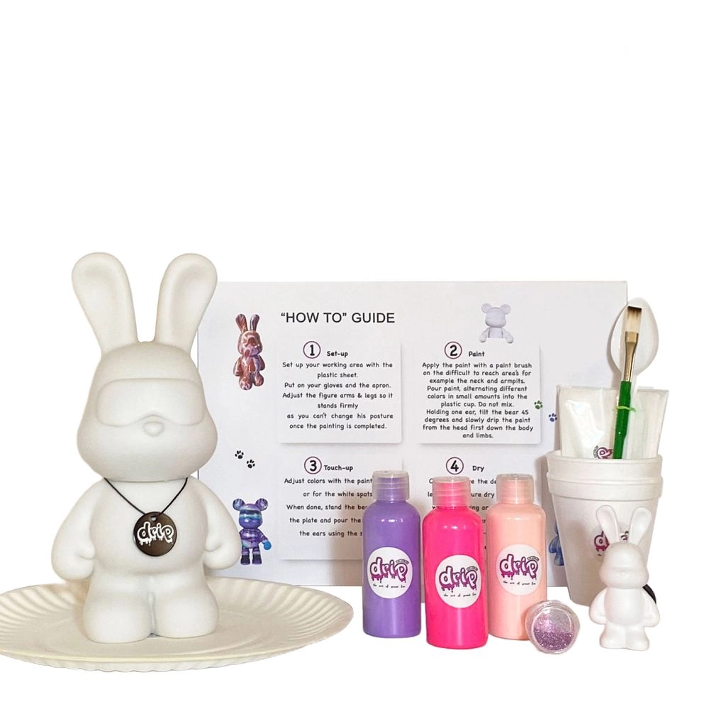 Dubai Drip Art DIY Bunny Fluid Acrylic Pouring Paint Kit - 5 acrylic paints 2 oz/60 ml each; apron; clear cups; plate; gloves; paintbrush; pipette; spoon; table sheet