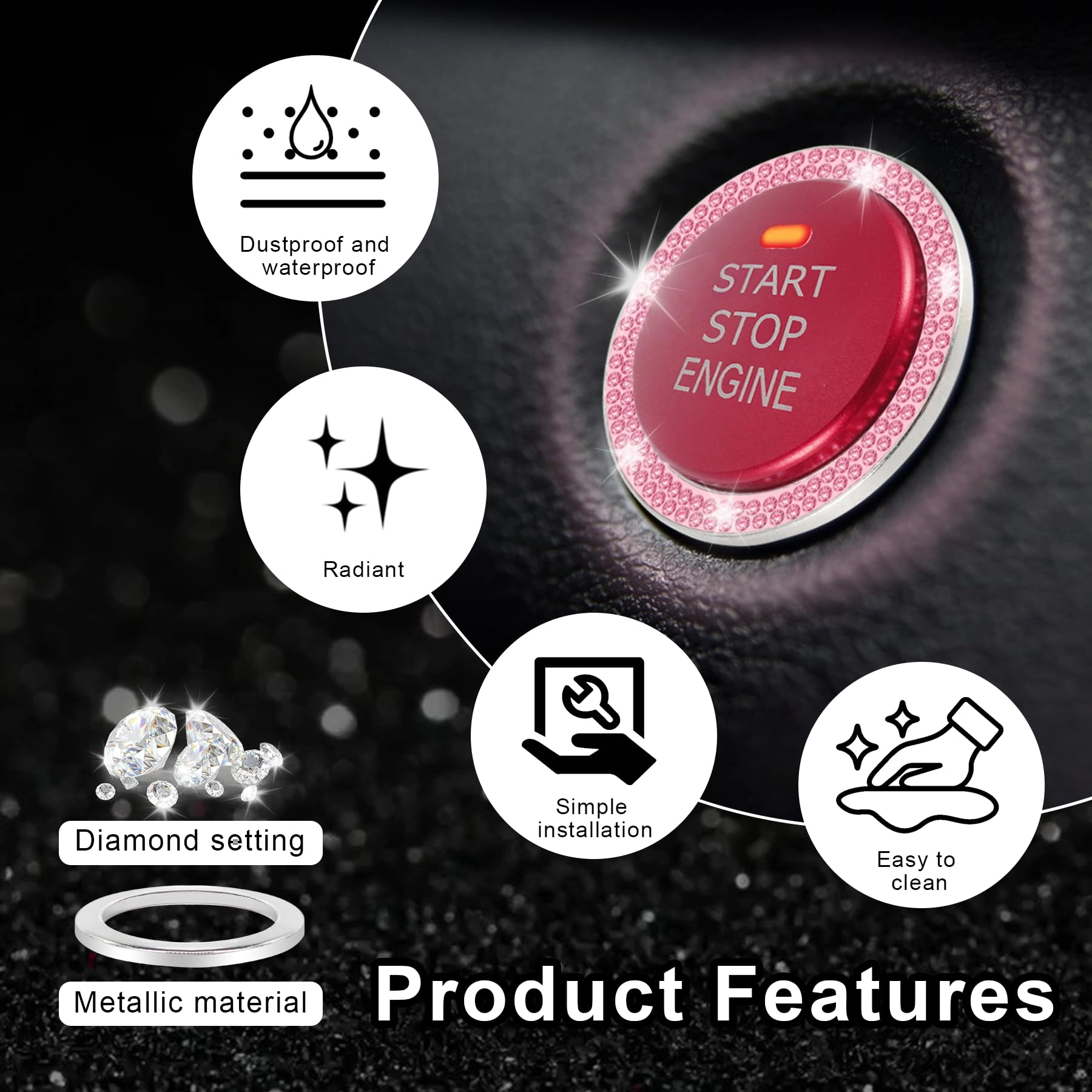 Crystal Combinatorial Rhinestone Car Engine Start Decoration Ring