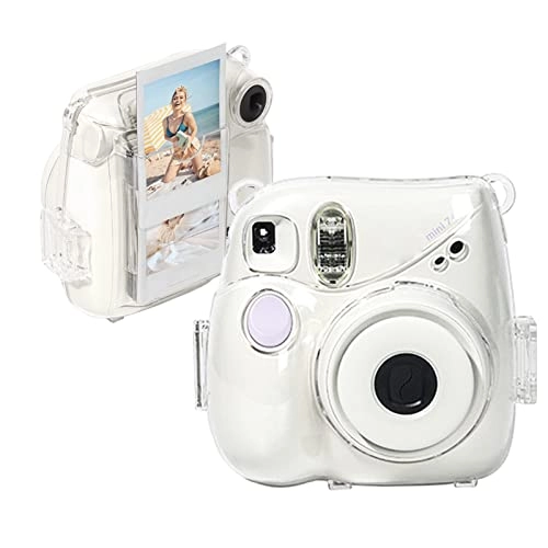 Transparent Crystal Camera Case - for Fujifilm Instax Mini 7+ + Adjustable Shoulder Strap + Stickers + Film Pocket Pictures Holder