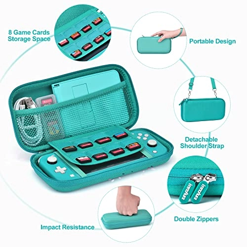 Switch Lite Carrying Case - Turquoise + Switch Game Case + Switch Lite Screen Protector + Switch Stand + Switch Thumb Grips