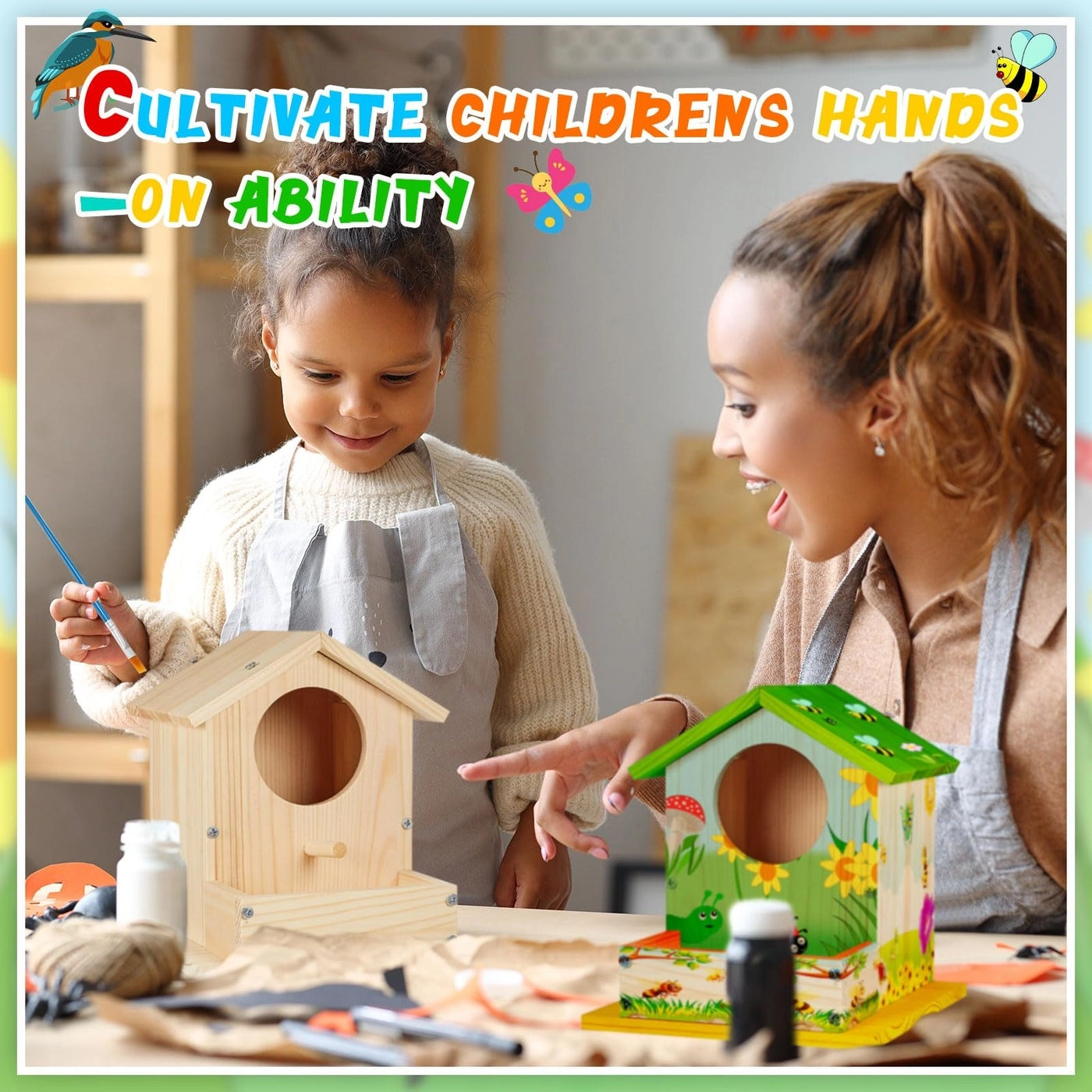 Birdhouse Kit - Wooden Paint and Paintbrushes Pack