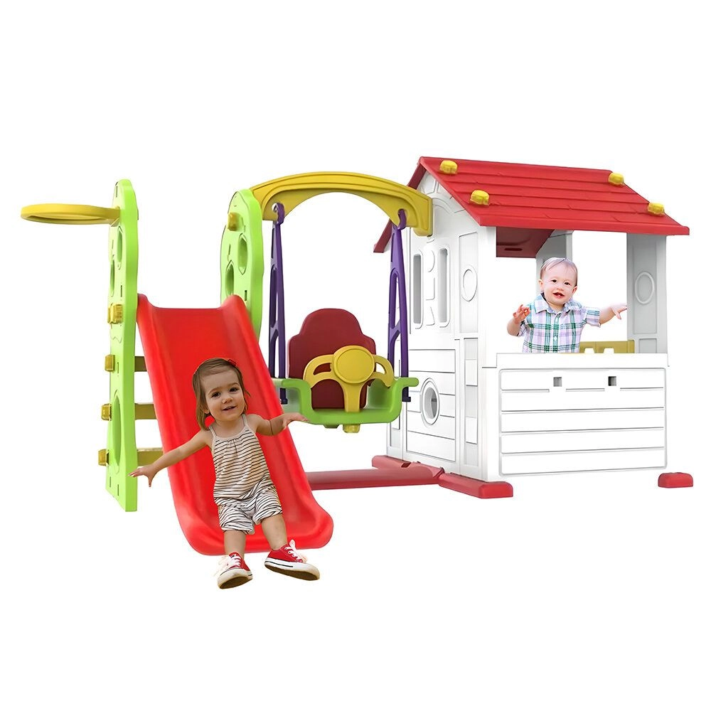Panda's Tomo Playhouse - Slide With Baby Swing White & Red