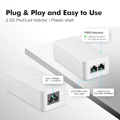 2.5 Gigabit PoE+ Injector - 48V 60W 1 802.3af/at/bt 2500 Megabits Per Second