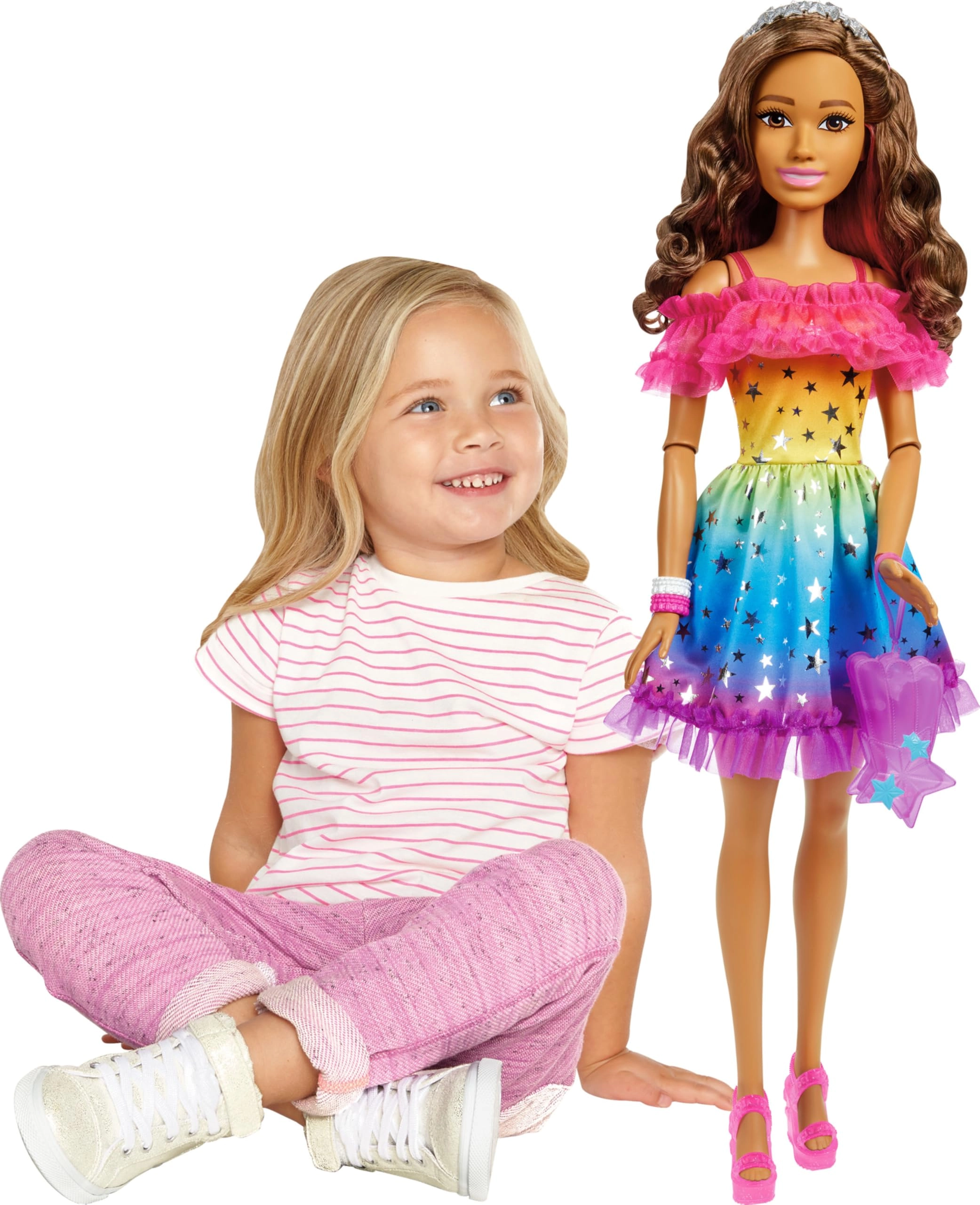 Barbie Large Doll - 28 Inches Brown Hair Rainbow Dress Ages 3+