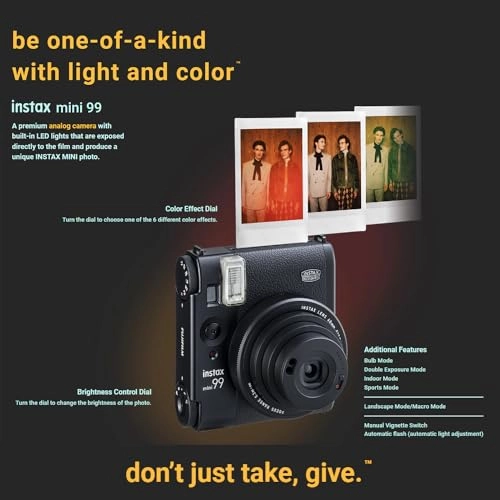 Mini 99 - Instant Camera Black + Carrying Case - Vegan Leather + Instax Film Value Pack - 20 Sheets