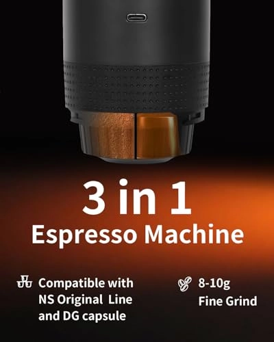 Portable Electric Espresso Machine - 60 Milliliters Ground Coffee & NS Capsules