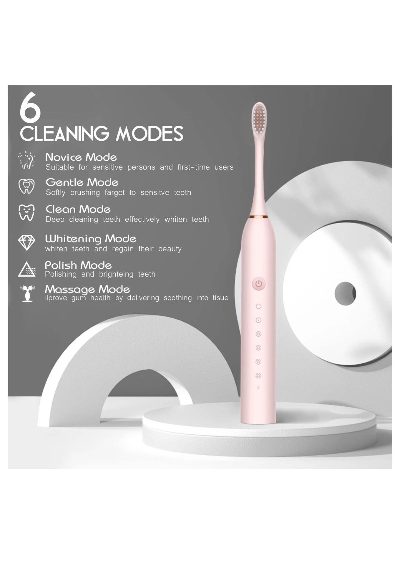 Electric Toothbrush - USB Rechargeable 4 Brush Heads 6 Cleaning Modes