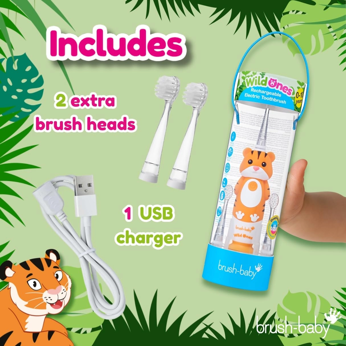 Kids Rechargeable Electric Toothbrush - Fun Tiger Design Dual Mode LED Light