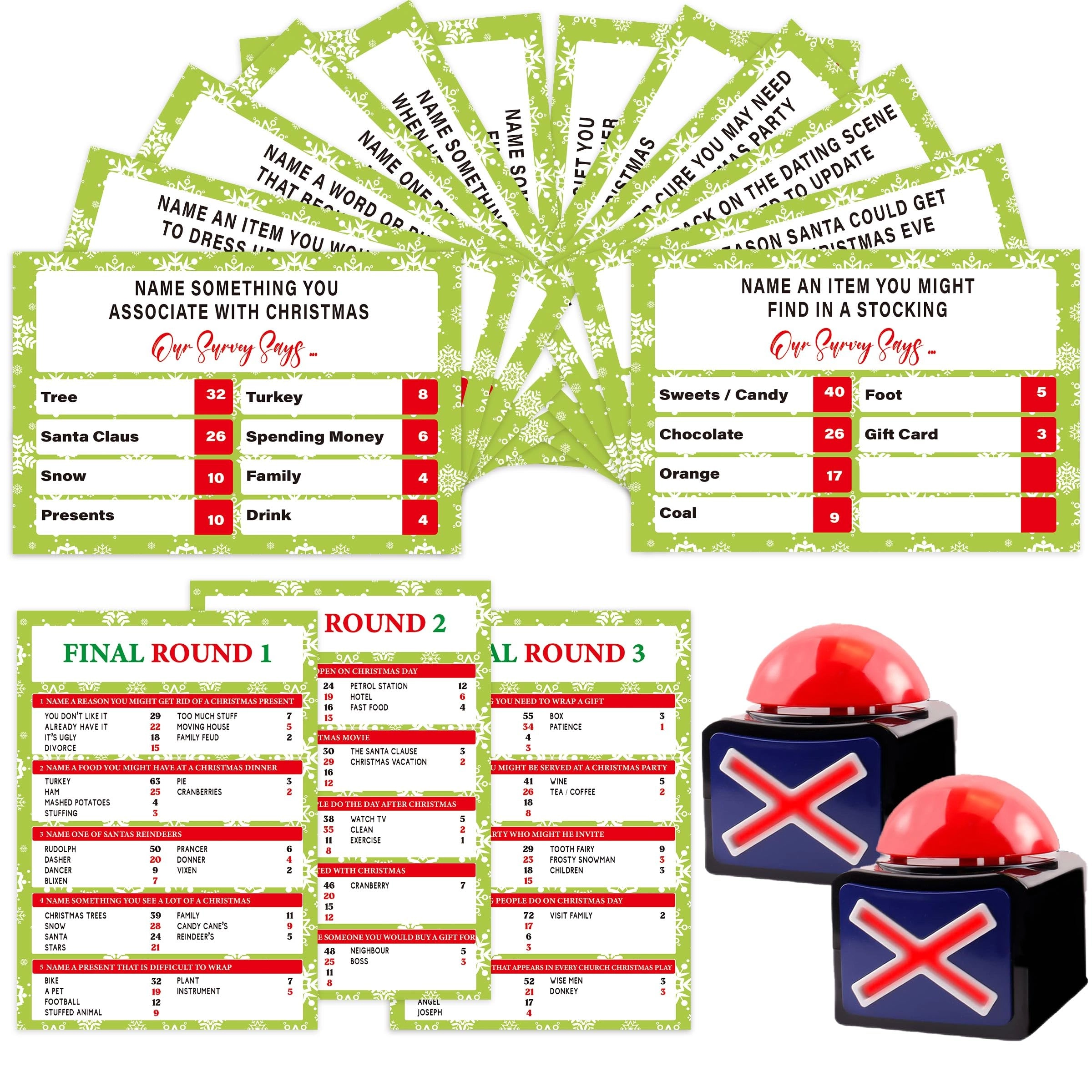 Xenseou Christmas Family Feud Game - 18 cards and two buzzers 15 years and up