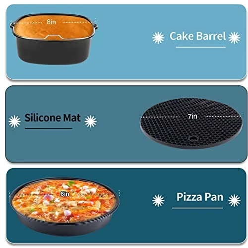 Cake Barrel + Pizza Pan + Cupcake Pan + Metal Holder + Skewer Rack + Silicone Mat + Food Tong + Oil Brush + Air Fryer Liners + Plate Gripper + Silicone oven gloves + Air Fryer Recipe Cookbook - Food grade 304 stainless steel and silicone 12 pcs