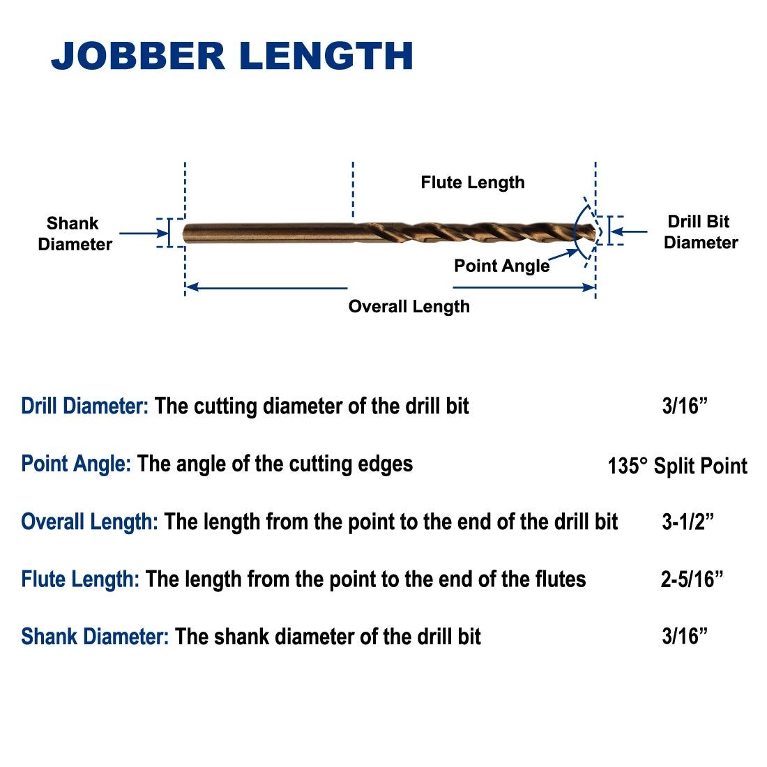 Jobber Length Twist Drill Bits - Cobalt Steel Pack of 12 3/16-Inch
