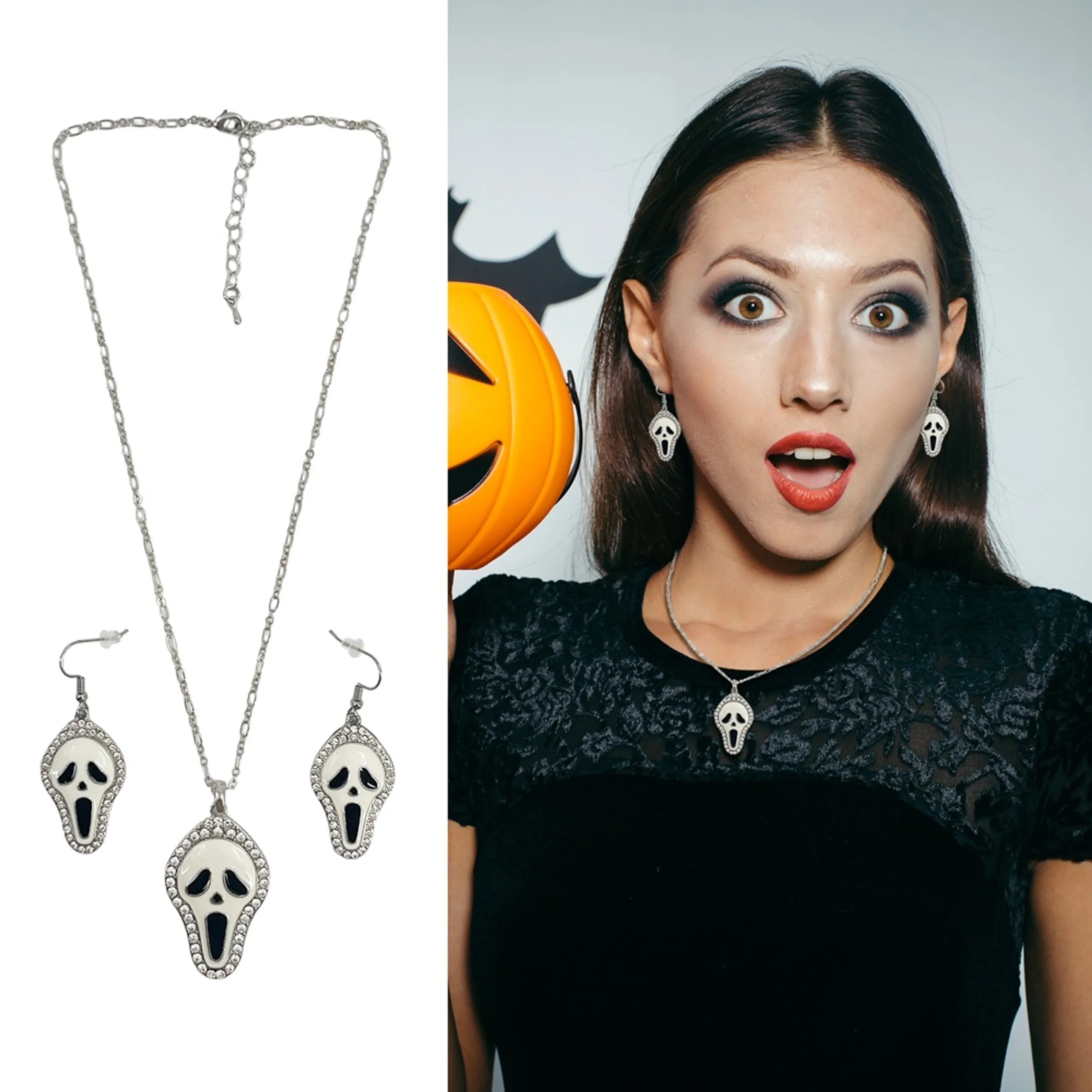 Rhinestone Silver-Tone Alloy Necklace and Earring Set