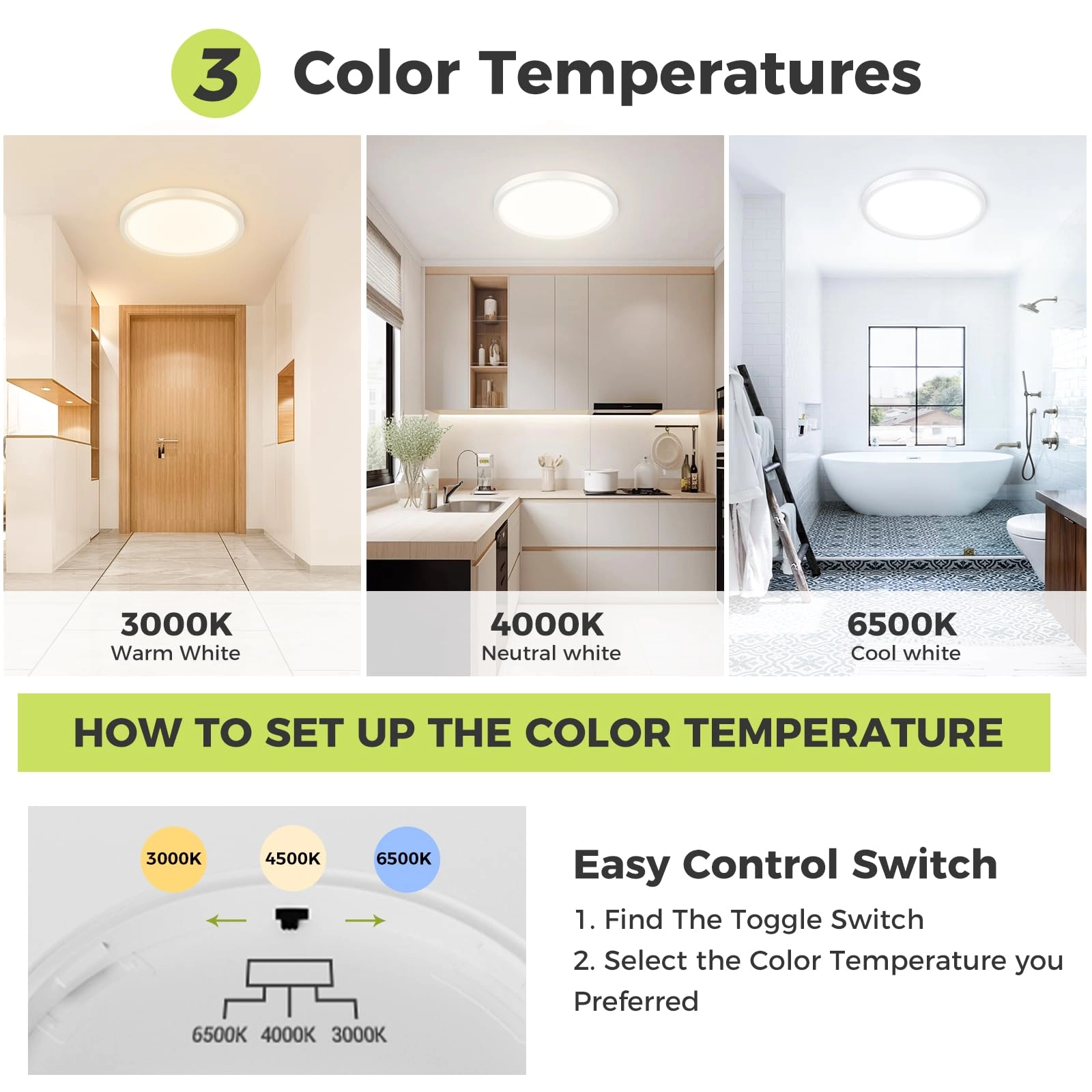 Dimmable Flush Mount LED Ceiling Light - 3000K-4500K-6000K
