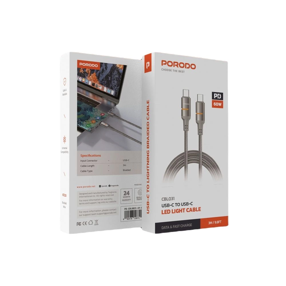 Porodo Braided Cable 60W USB-C to USB-C 3m