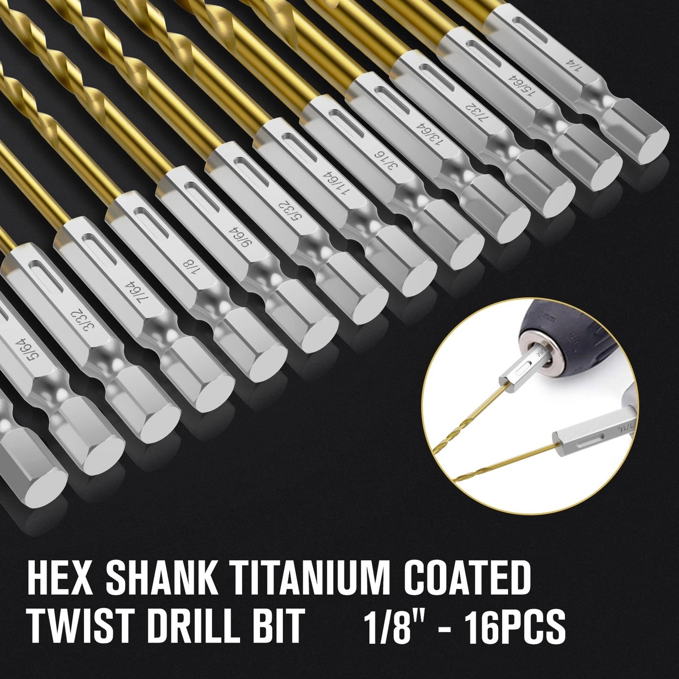 Hex Shank Drill Bit Set - Titanium Coating 16Pcs 1/8""