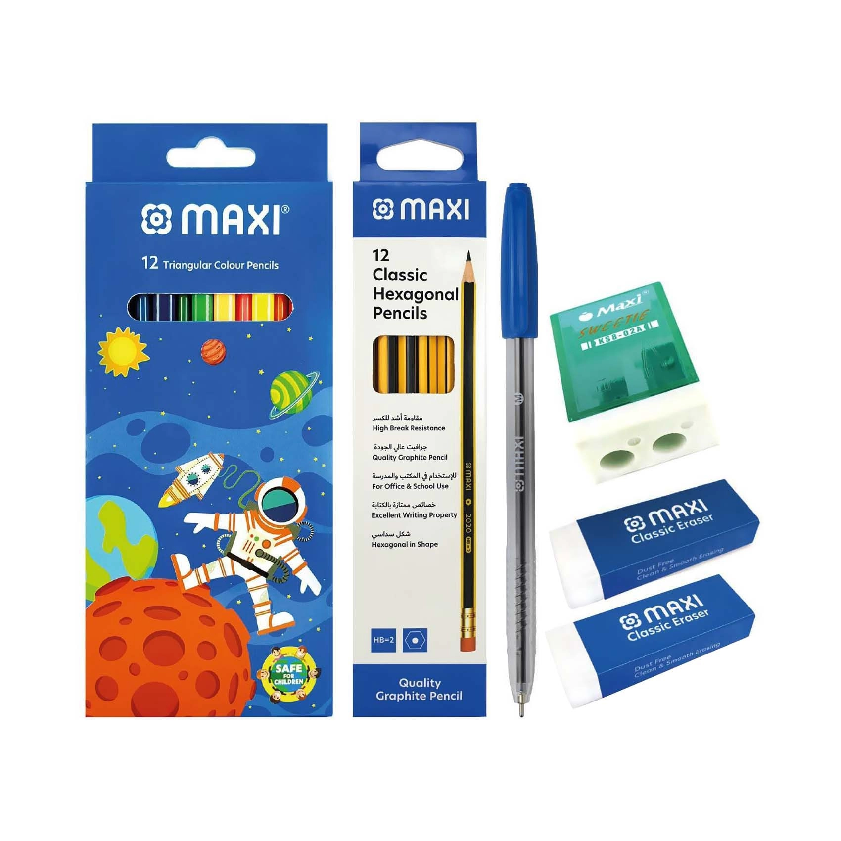 Maxi Colour Pencils - 12'S + Black Led Pencil - hb12'S + Classic Erser - 2Pc + Sharpener + Ball Pen