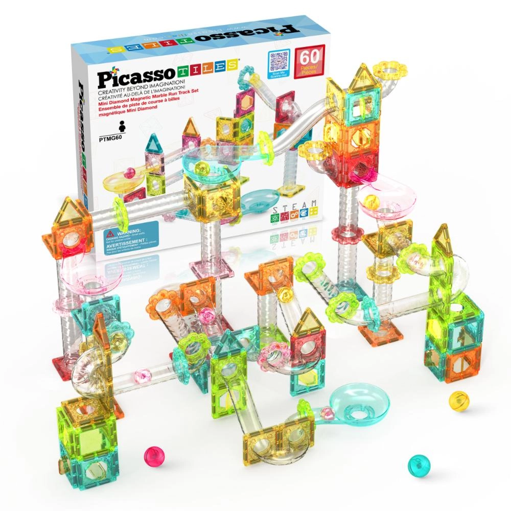 PicassoTiles Magnetic Mini Diamond Marble Run Track - 60 pcs