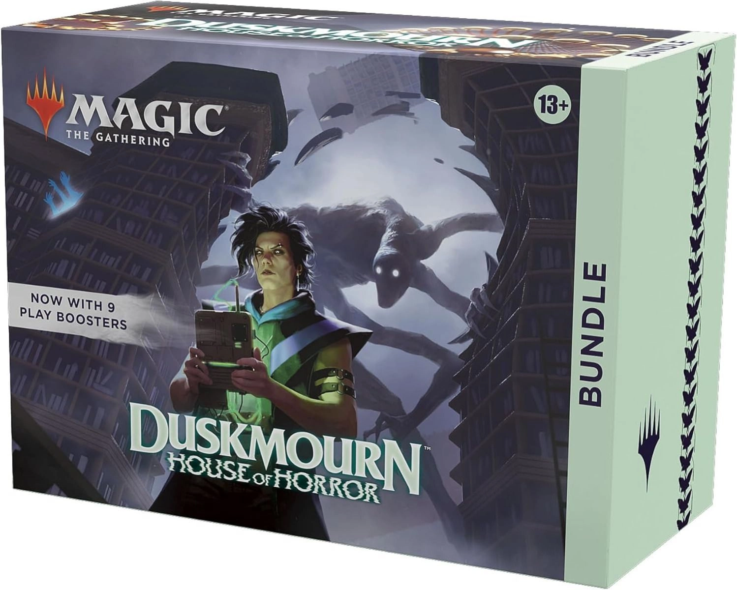 Magic: the Gathering Duskmourn: House of Horrors Play Booster + Traditional Foil card + Traditional Foil Basic Land + nonfoil Basic Land + oversized Spindown life counter + card storage box + reference cards - 9 Play Boosters 1 oversized Spindown life counter