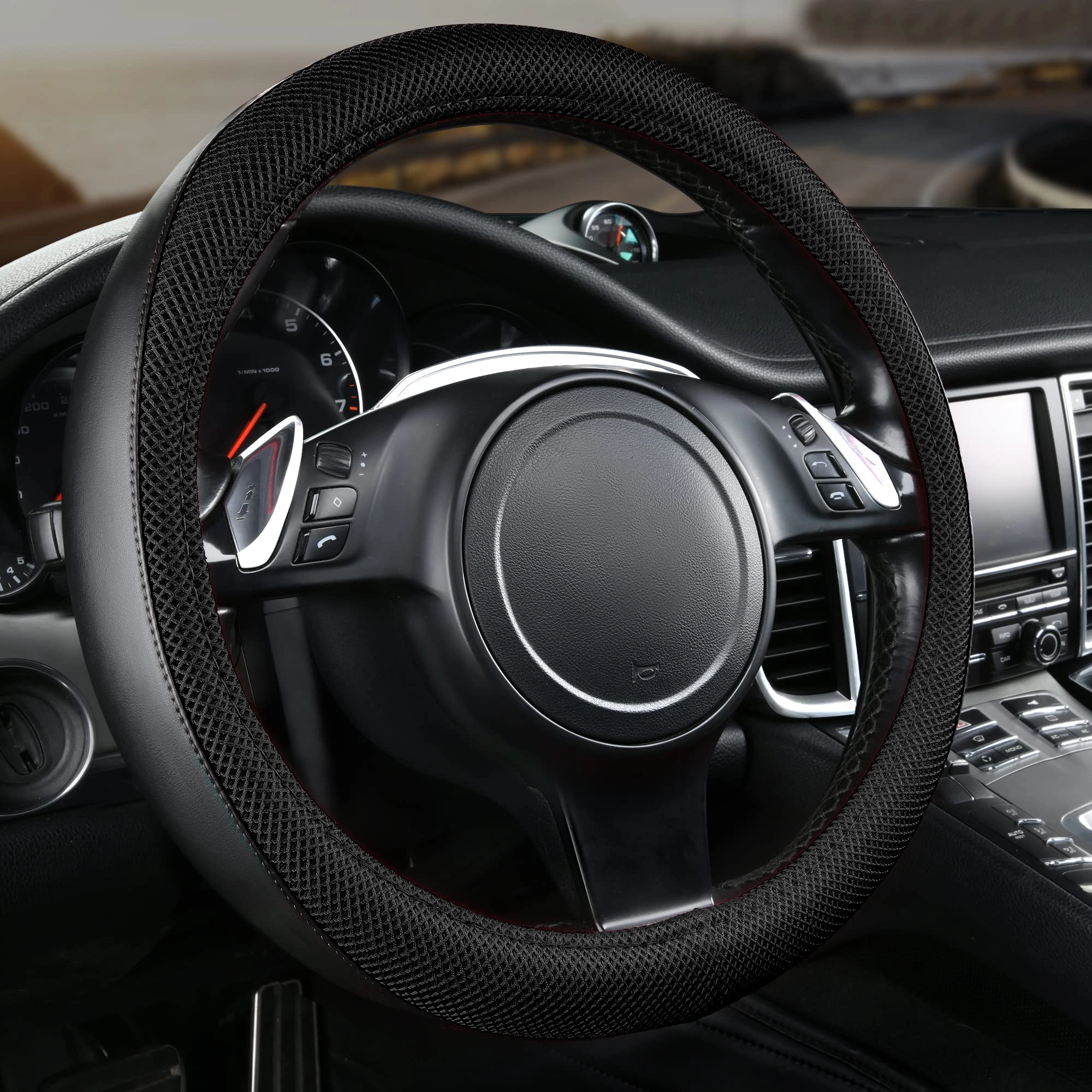 Car Seat Covers - Air Mesh Leather + Car Floor Mats - Waterproof + Steering Wheel Cover - Sporty
