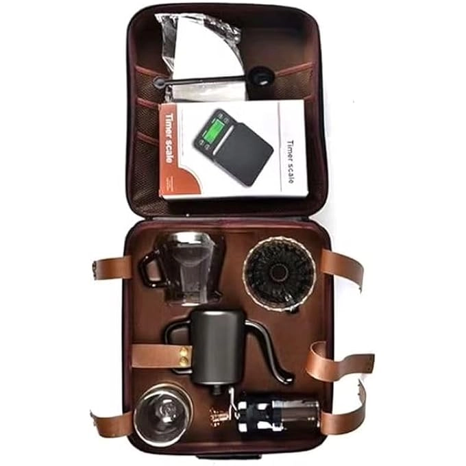 Coffee Maker + Eva Bag + Electronic Scale + Manual Grinder + Kettle + Server + Dripper + Mug + Thermometer