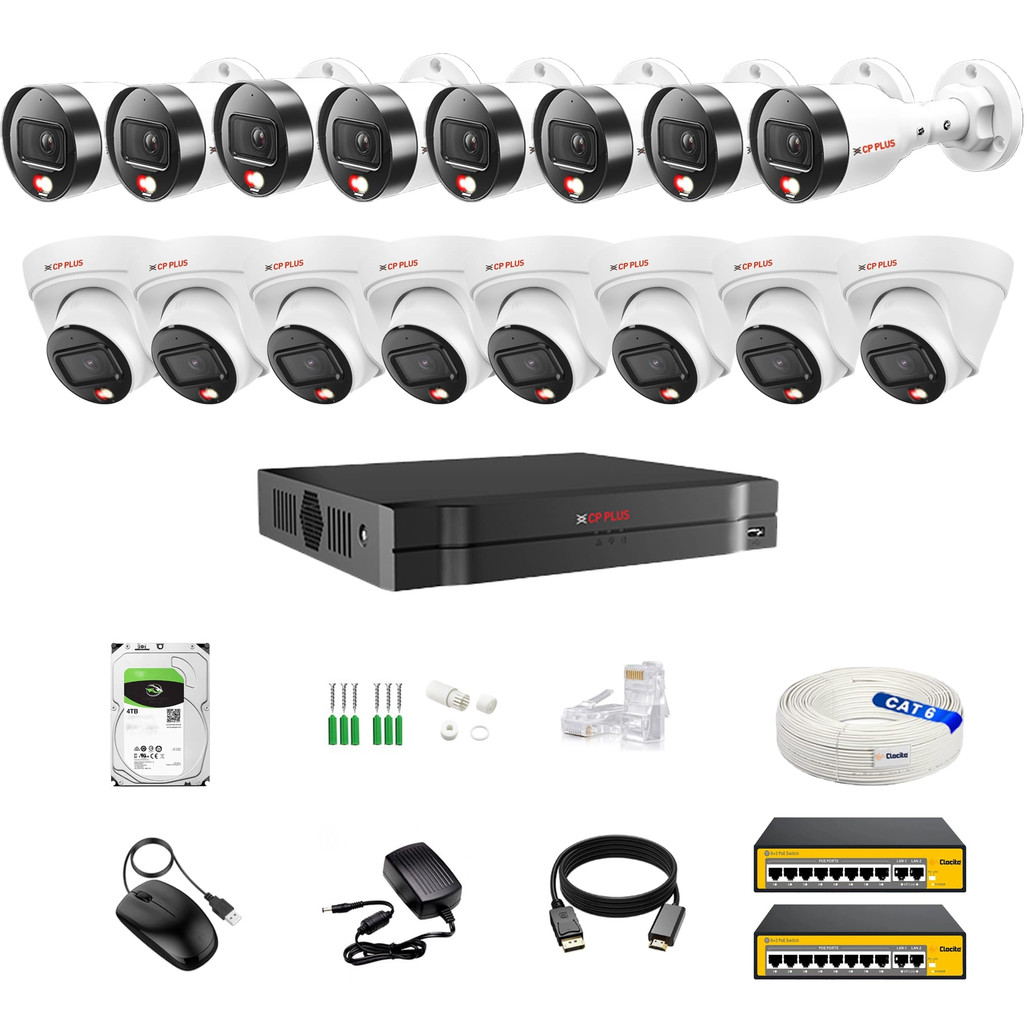 Aditya Infotech Ltd 16CH AI NVR + 2MP Dome IP Camera + 2MP Bullet IP Camera + 4TB Hard Disk + 8+2 POE Switch + CAT6 Cable - 16 channels
