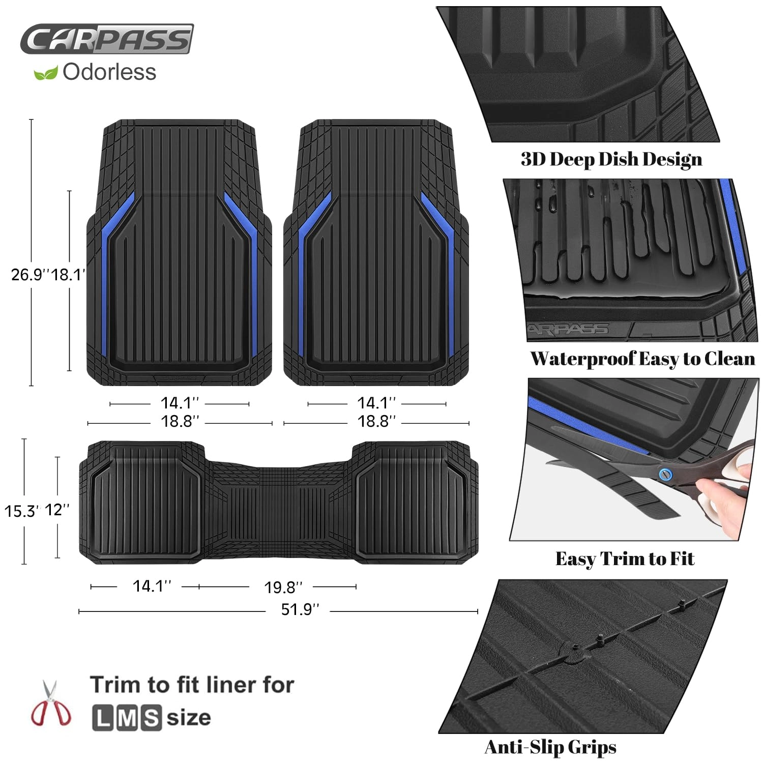 Heavy Duty Rubber Floor Mats - Universal Fit 3pcs Black Purple