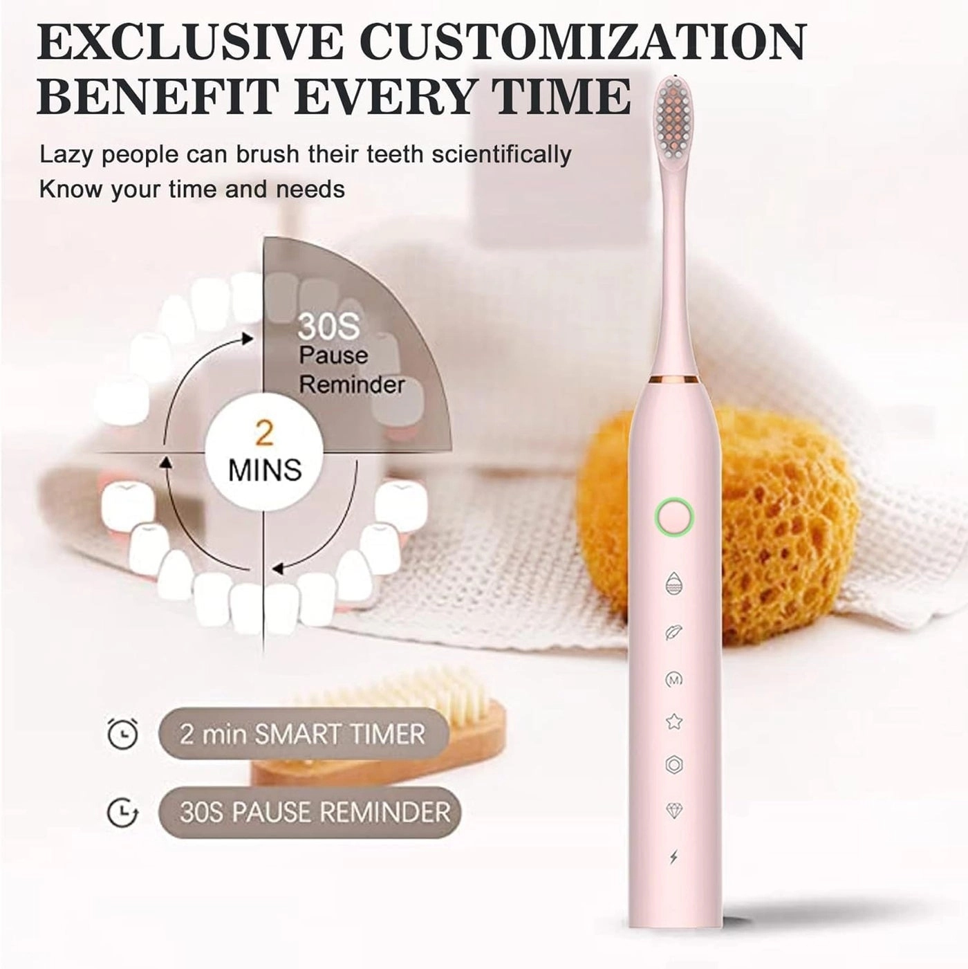 Sonic Electric Toothbrush - Rechargeable 4 Brush Heads 6 Modes