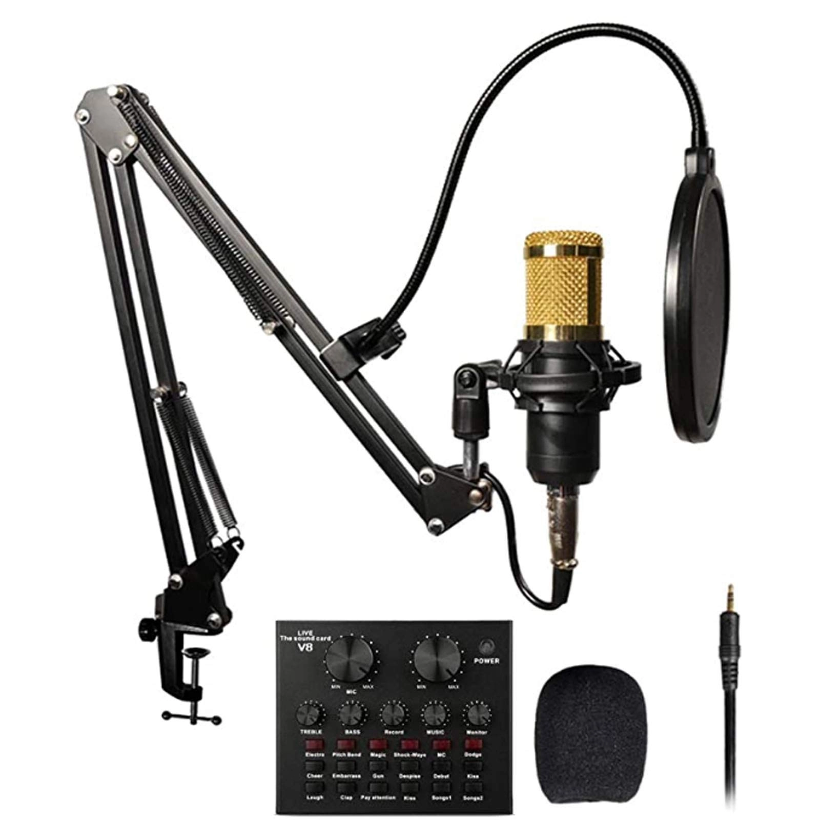 KAIKEA BM-800 Wired Microphone + Live Sound Card + Adjustable Mic Suspension Scissor Arm + Metal Shock Mount