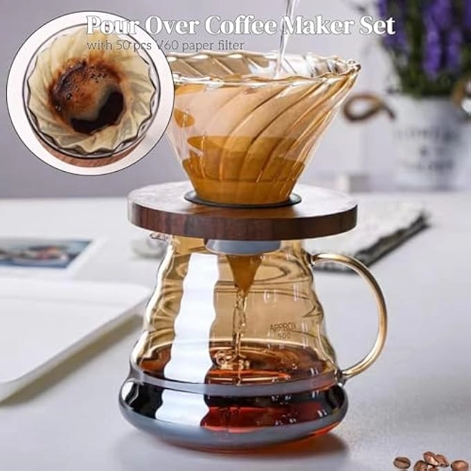 Pour Over Coffee Maker - 20 Oz Borosilicate Glass 100 Pcs V60 Paper Filter