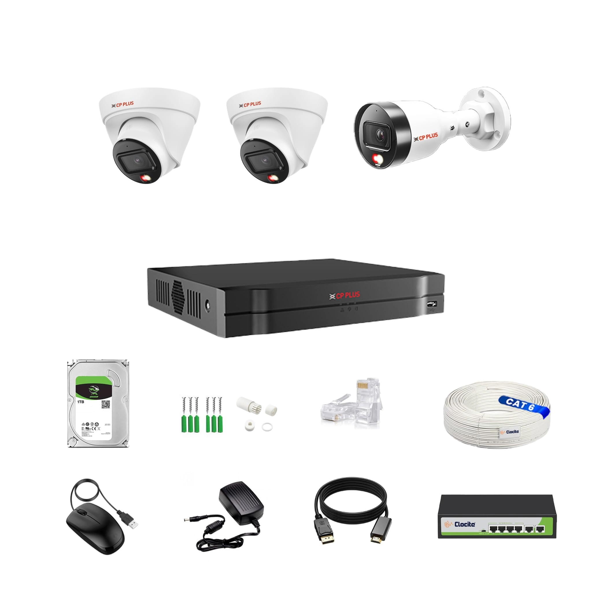 Aditya Infotech Ltd CP Plus illumax NVR - 4 channels + CP Plus illumax Dome Camera - 4MP Dual Light + CP Plus illumax Bullet Camera - 4MP + Hard Disk - 1 TB + CAT6 Cable + POE Switch - 4+2
