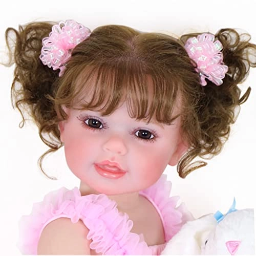 Reborn Toddler Doll - 22 inch Soft full vinyl Warm Medium skin tone Rooted Hair Pink princess outfit Ages 14+