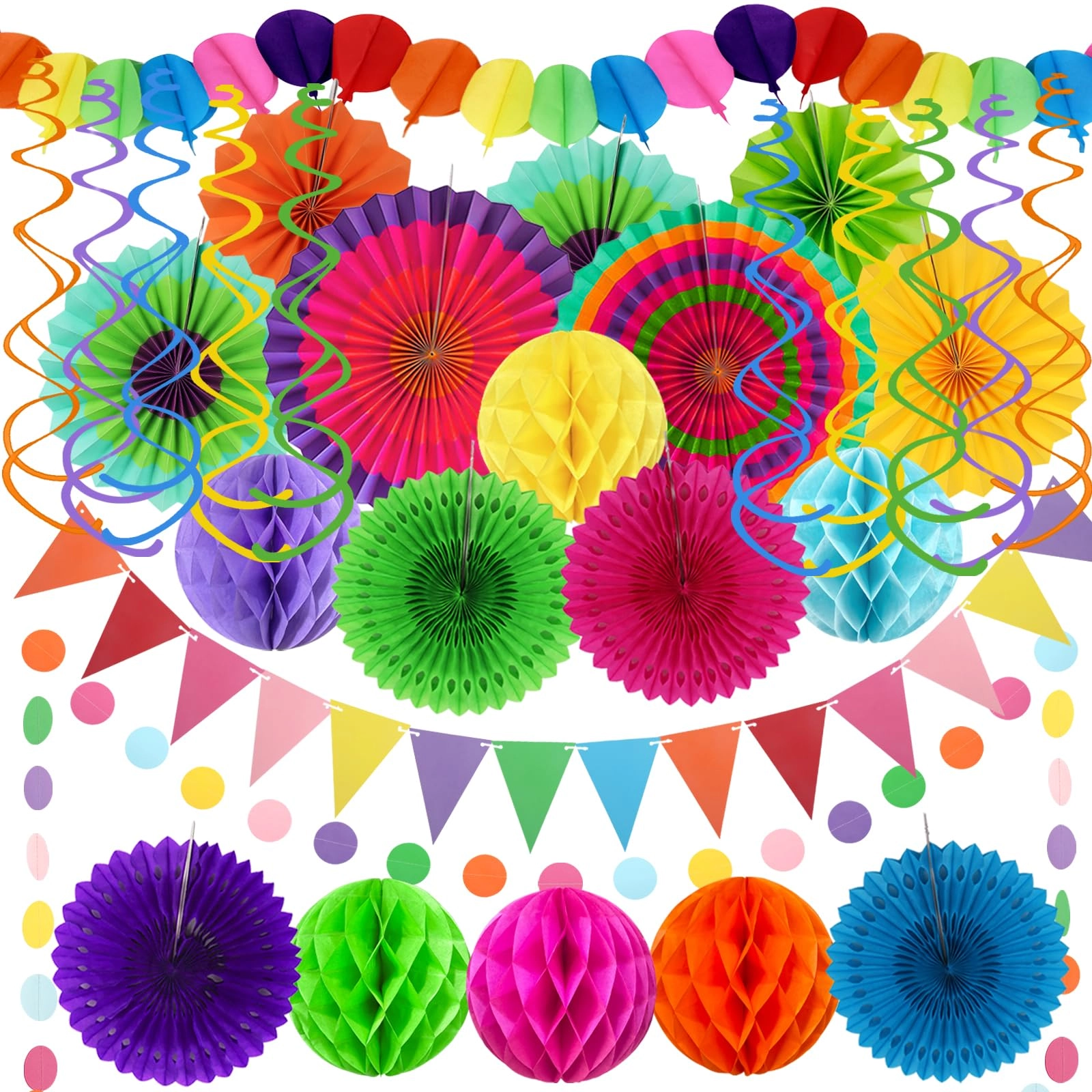 Paper Fan Honeycomb Ball Garland - 6 x Hanging Paper Fan 6 x Paper Honeycomb Ball 4 x Paper Hollow Fan 1 x Paper Balloon Garland 1 x Circle Paper Garland 10 x Hanging Swirl 1 x Triangular Pennant Anniversary