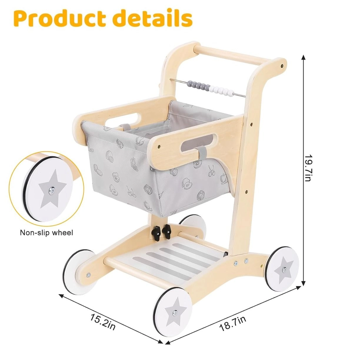 Ella Kids Wooden Shopping Trolley - Washable Cart 38 x 45 x 49 cm