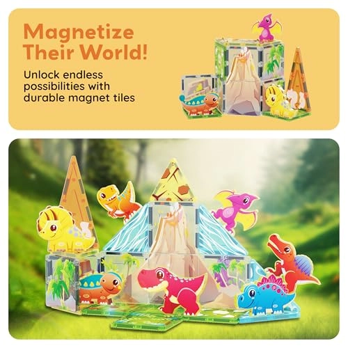 Magnet Tile Building Blocks - 8 Animal Character Action Figures Dinosaur World Themed 26 pcs