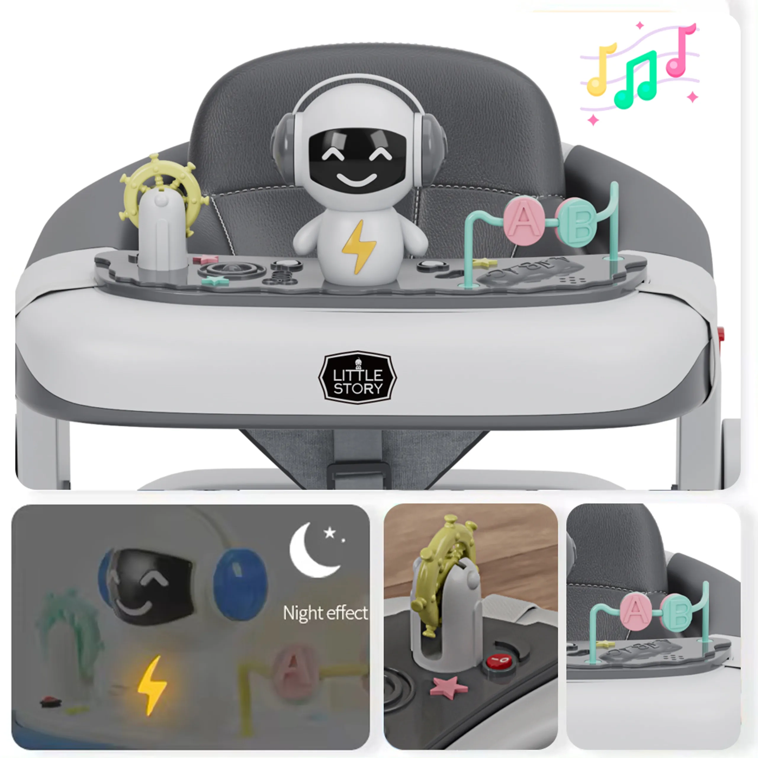 Adjustable Baby Walker - Grey Foldable 6-Wheel