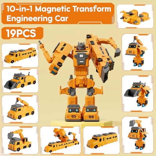 Magnetic Transform Engineering Car - 19PCS 10 in 1 Yellow