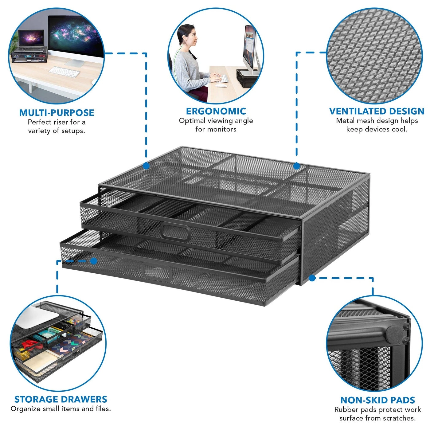 Computer Monitor Stand - With Drawers Metal Mesh Riser