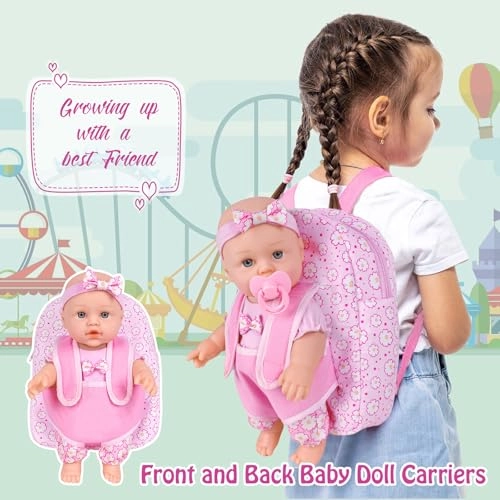 Reborn Baby Doll - 12 Inch + Baby Doll Clothes + Backpack Carrier - Pink Flower Pattern + Nipple + Feeding Bottle + Diaper Ages 3+