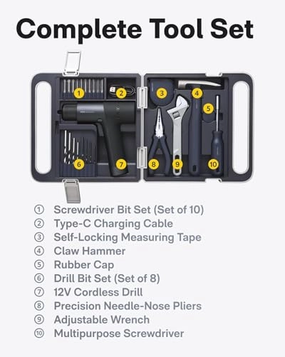12V Brushless Drill - 30 N-m + Multifunctional Screwdriver + Claw Hammer + Tape Measure - 3 metre + Needle Nose Pliers + Adjustable Tensioner - 25 mm + S2 Steel Bit Set