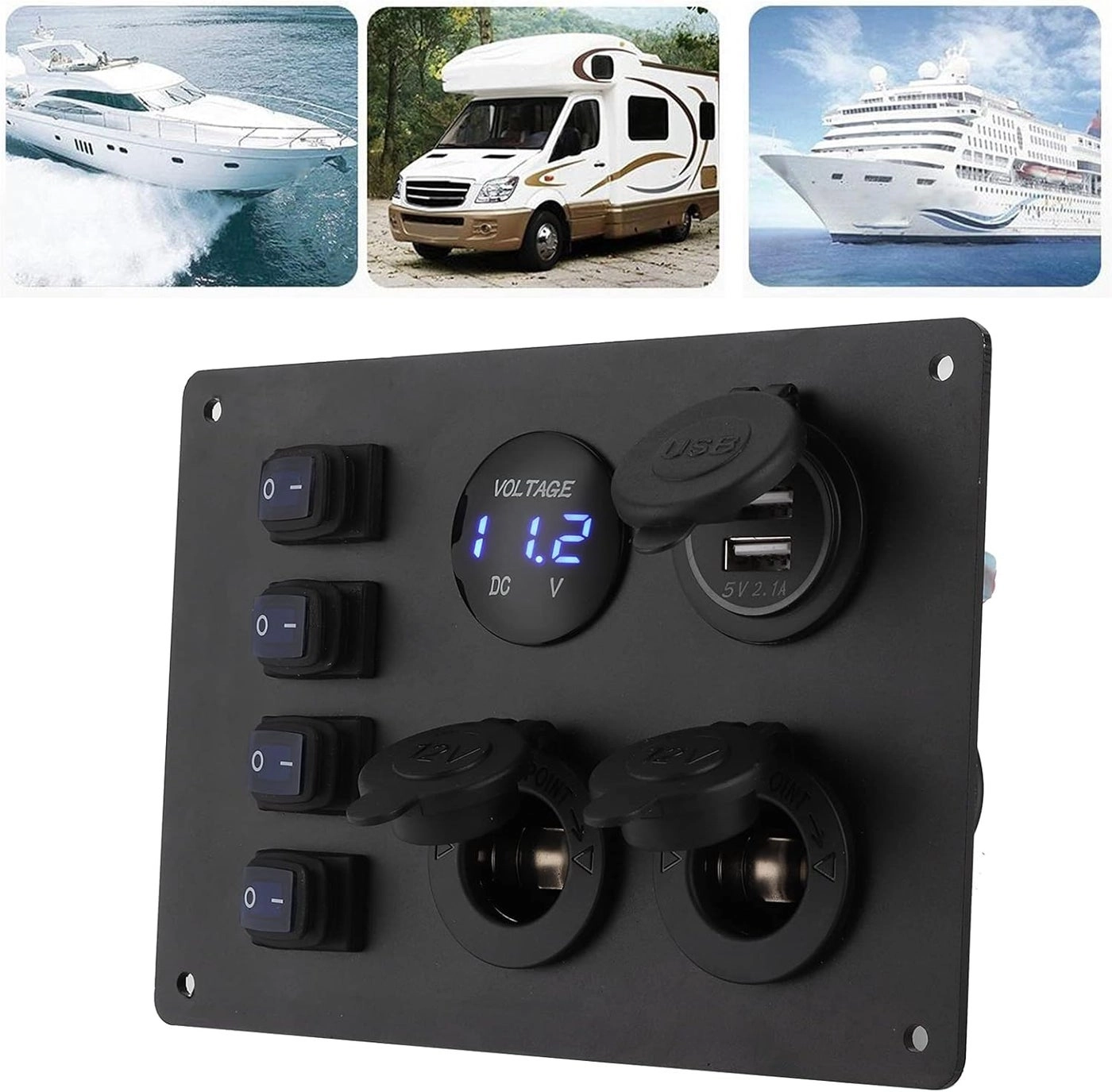 Rocker Switch Panel - 4 Gang Dual USB 12V Voltmeter