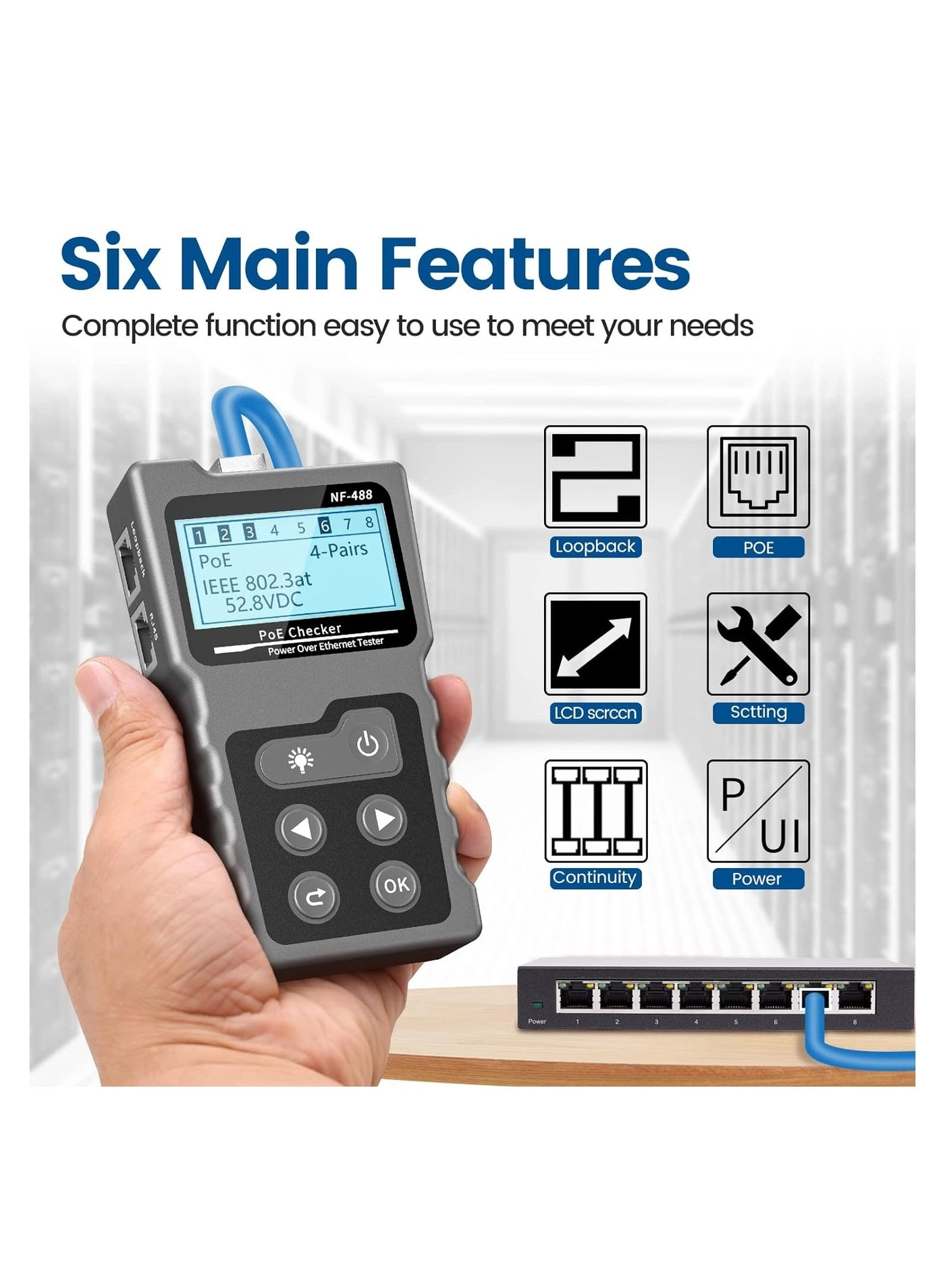 RJ45 Network Cable Tester - Multifunction PoE Ethernet CAT5e/CAT6/CAT6a