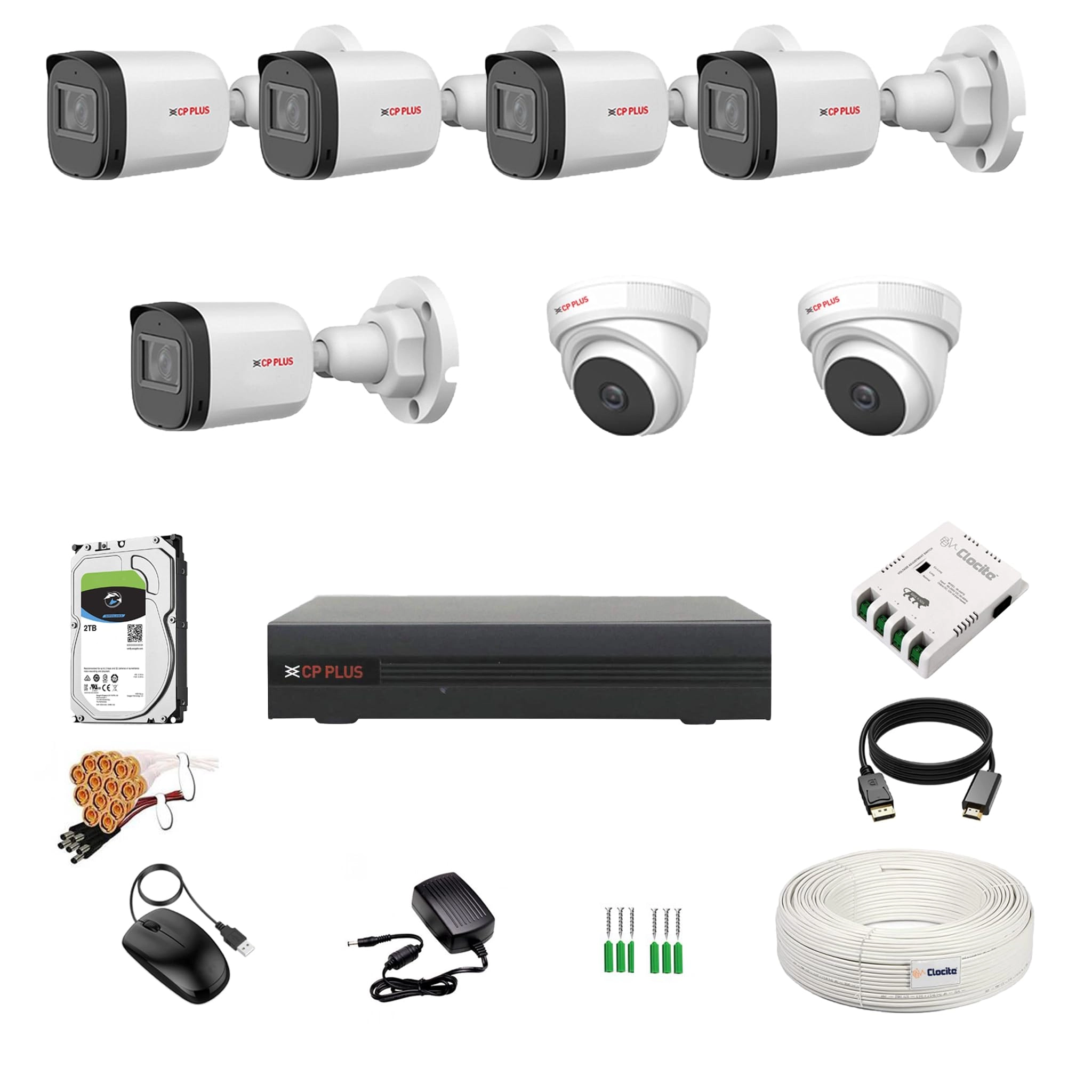 2.4MP DVR - 8CH + 2.4MP Dome Camera + 2.4MP Bullet Camera + Hard Disk - 2TB + SMPS + CCTV Coaxial Cable